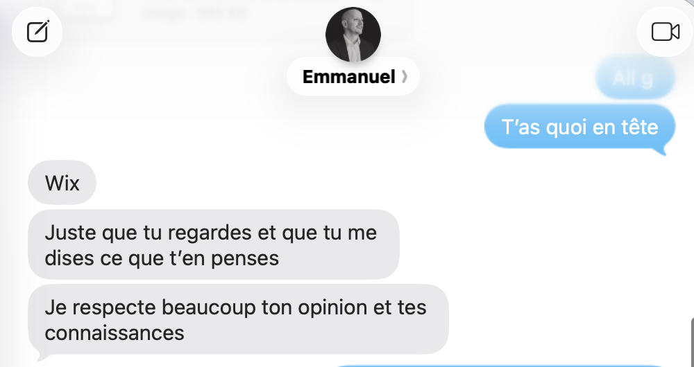 Conversation Messenger avec Emmanuel demandant l'avis de Raph sur Wix